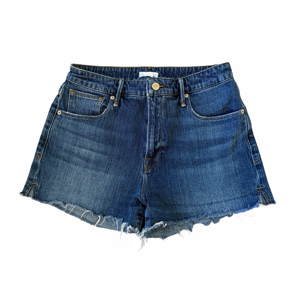 Good American Good 90s Cutoff Denim Shorts Blue 464 High Rise Raw Hem Size 10